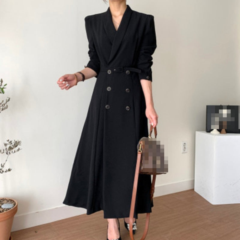 Women's Spring Autumn Casual A-Line Midi White Shirt Dress Long Sleeve Elegant Slim Waist Vestidos Female Fashion Black Clothes