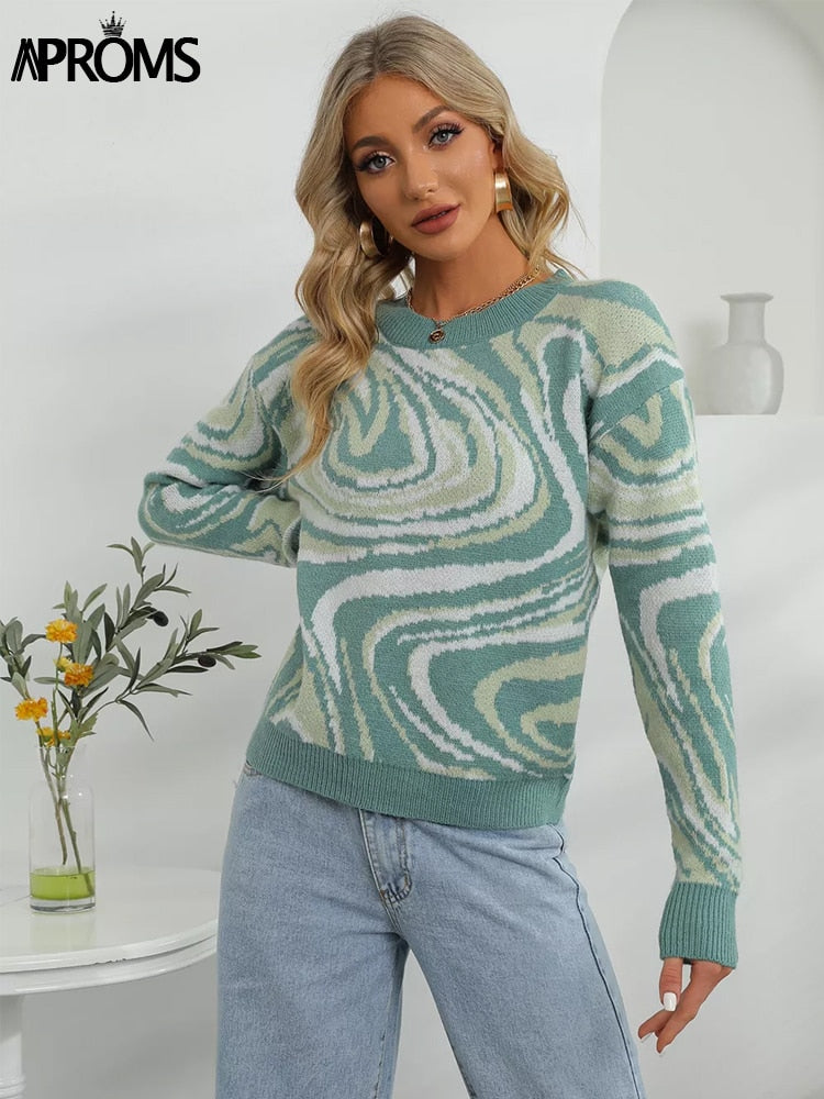 Aproms Elegant Green Tie Dye Knitted Sweater and Pullovers Women 2022 Winter Long Sleeve Warm Ribbed Jumper Female Slim Top