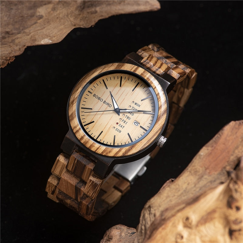 BOBO BIRD Hombres Relojes de pulsera Movimiento de cuarzo Calendario completo Reloj de madera Semana Pantalla relogio masculino en caja de regalo