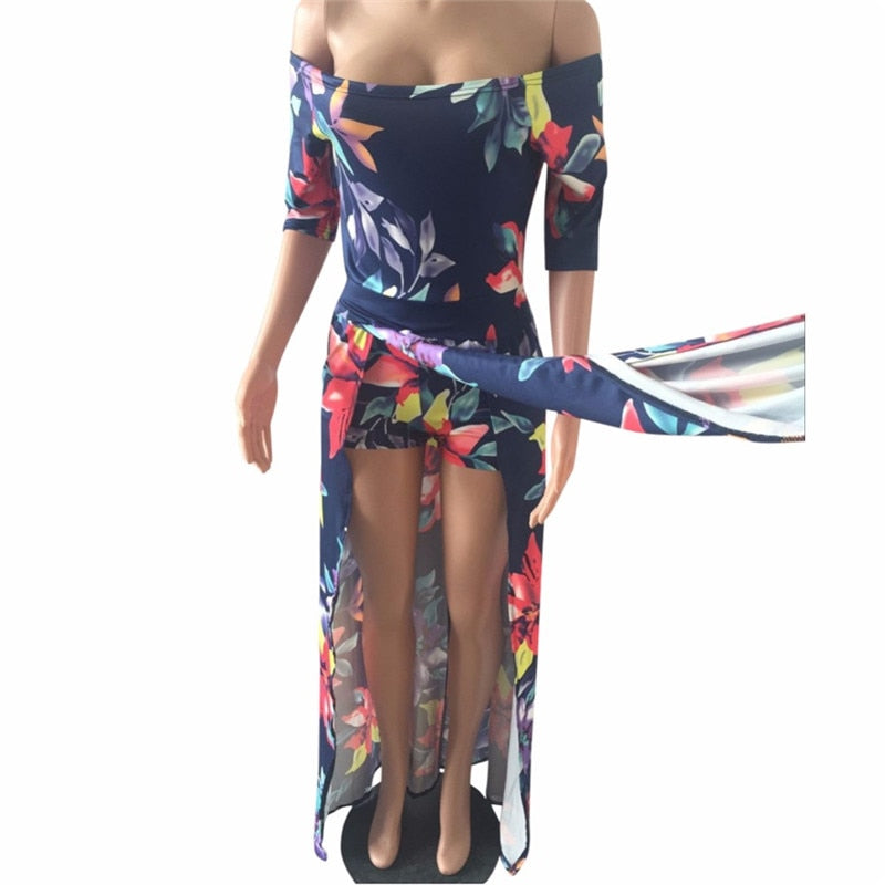 Women Floral Print Hobo Beach Long Dress Summer Elegant Off Shoulder Half Sleeve High Slit Party Dresses Outfit Beach Vestidos