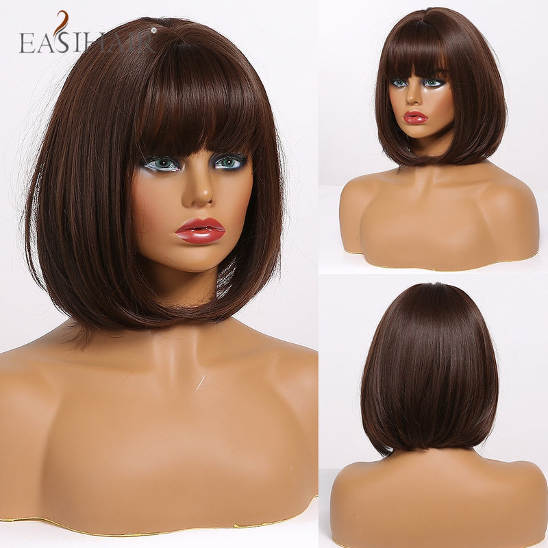 EASIHAIR marrón oscuro corto BoBo pelucas con flequillo resistente al calor pelucas de pelo sintético Cosplay Lolita pelucas femeninas para mujeres