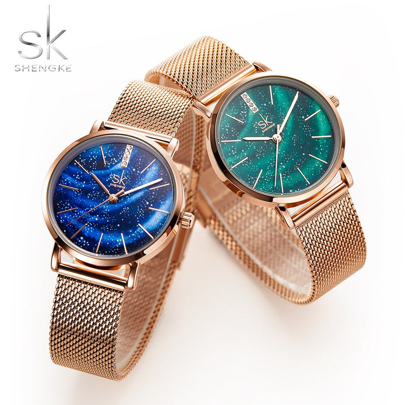 Shengke Women Watches Starry Green Dial Mesh Band Ladies Wristwatch Ultra-thin Stainless Steel Strap Quartz Montre Femme Gift