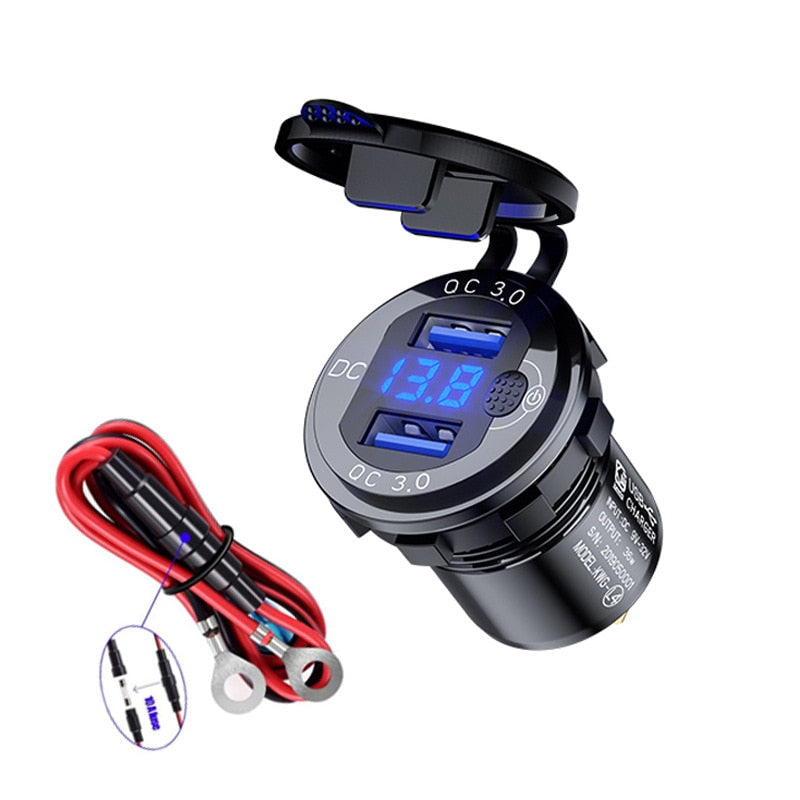 Carga rápida 3,0 36W cargador USB Dual para coche QC3.0 resistente al agua con interruptor de voltímetro para motocicleta 12V/24V ATV barco marino RV