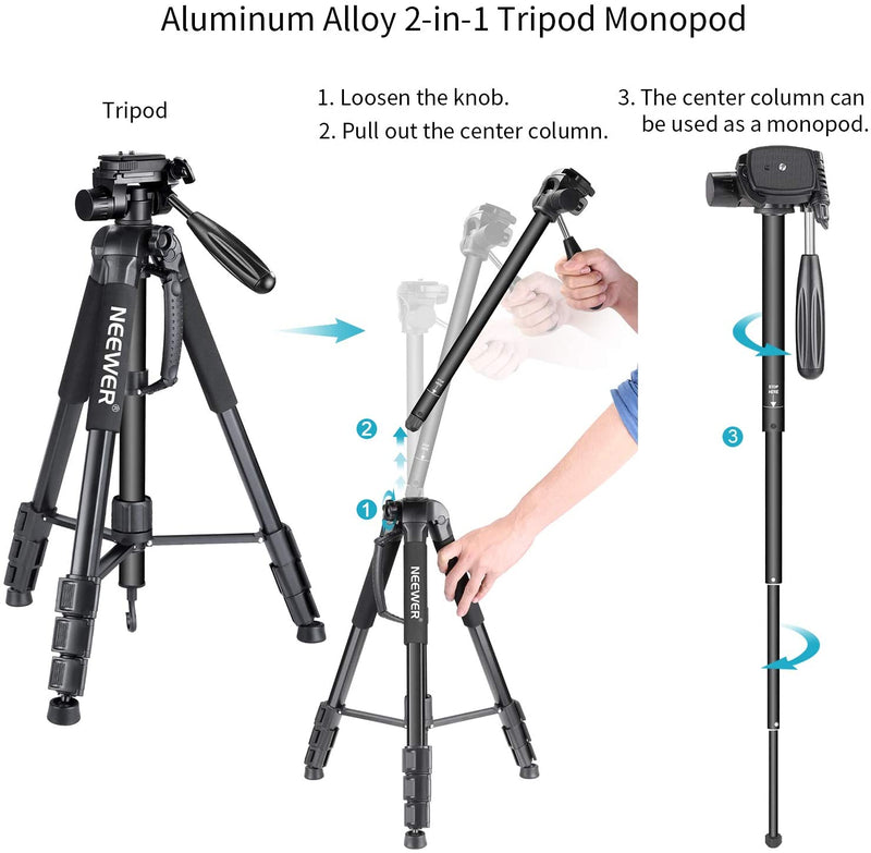 Trípode de cámara Neewer, monopié de aleación de aluminio con cabezal giratorio de 3 vías, bolsa de transporte para Sony/Canon portátil de 70 pulgadas/177 cm