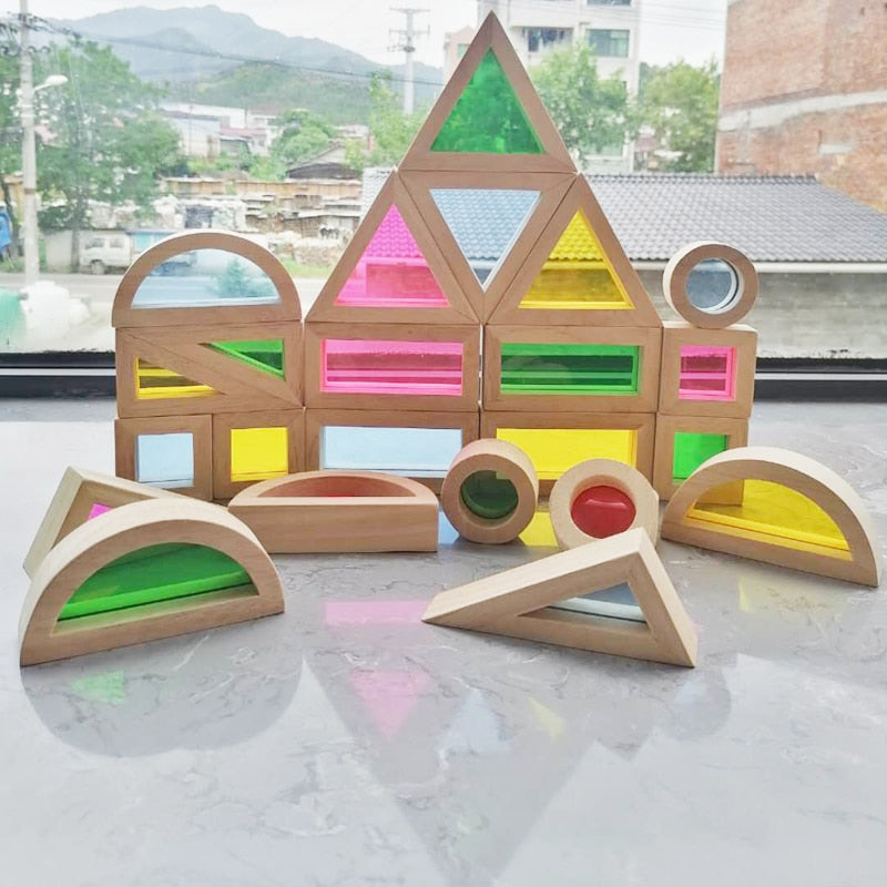 Kids Montessori Wooden Toys Sensory Rainbow  Blocks Solid Rubber Wood Stacking Acrylic Buliding Blocks Creative Educational Toys