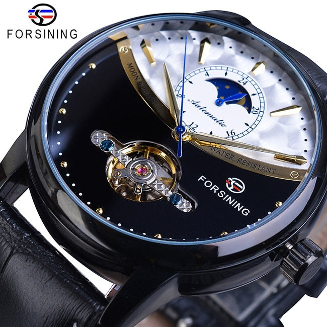 Forsining Mondphase Automatikuhr Royal Herren Golden Wasserdicht Mechanische Armbanduhr Casual Echtleder Tourbillon Uhr