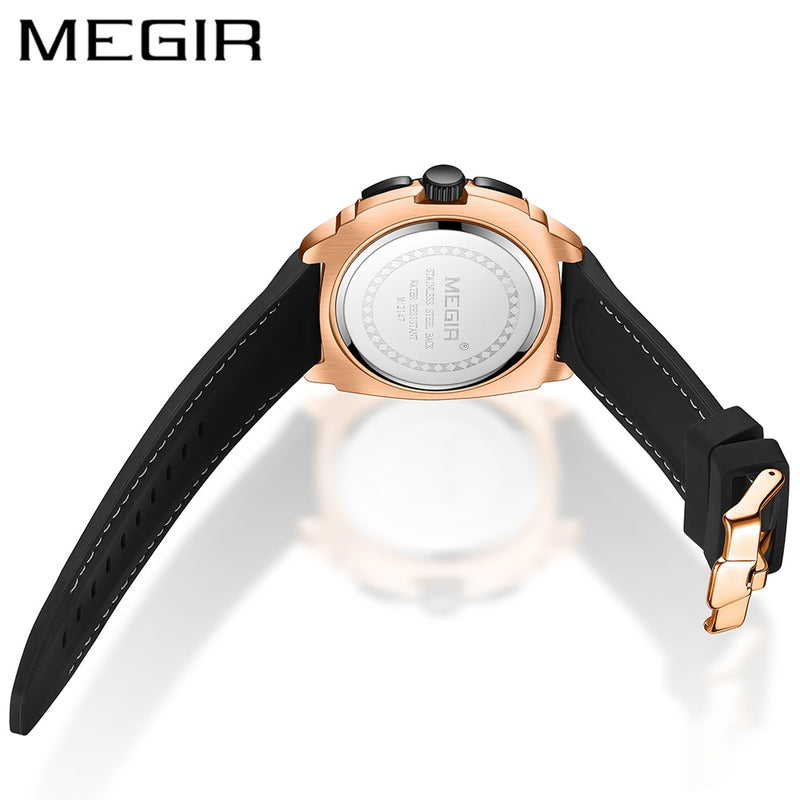 MEGIR Black Sport Watches for Men Clocks Military Army Watch Mens Silicone Chronograph Quartz Wrist Watch Man Reloj Hombre 2020