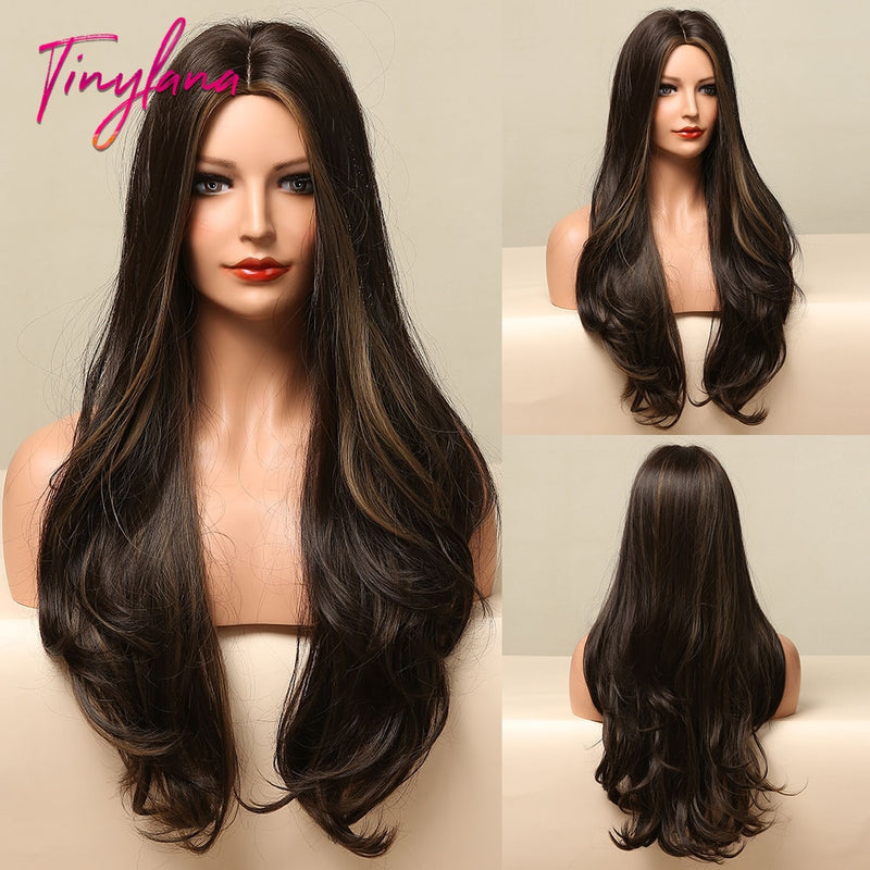 TINY LANA sintético largo Ombre pelucas onduladas marrón Rubio parte media pelucas de Cosplay con flequillo para mujeres pelucas de pelo largo pelo falso