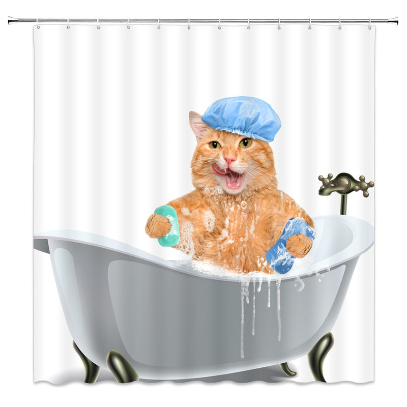 Cortinas de ducha de animales divertidos, decoración de baño para el hogar con Gato bonito, juego de cortinas colgantes de tela de baño de poliéster con ganchos