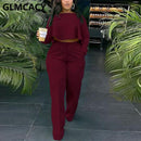 Women Two Piece Casual Suits Long Sleeve Dip Hem Crop Top Shirt &amp; Loose Pants Set