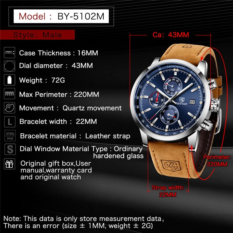 Watch Men BENYAR Quartz Fashion Chronograph Clock Luxury Brand Leather Men Watches waterproof Sport Wristwatch Relogio Masculino