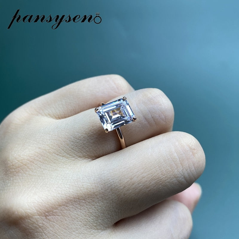 PANSYSEN 100% 925 Sterling Silver Simulated Moissanite Diamond Gemstone Wedding Band Ring Rose Gold Color Fine Jewelry Rings