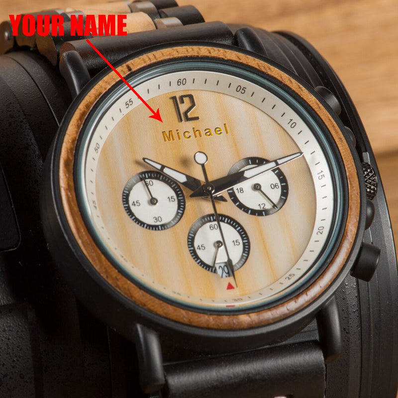 BOBO BIRD Reloj de madera para hombre Relojes de madera con estilo de lujo Cronógrafo Relojes de cuarzo Gran regalo para él Caja erkek kol saati OEM
