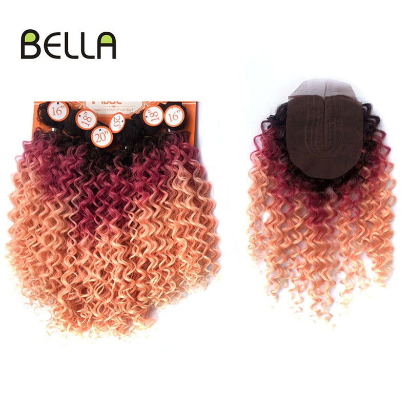 Bella Afro Kinky Curly Synthetic Hair 6 Bundles With 1Closure 7pcs/Lot Ombre Color 16-20 inch Kinky Curly Bundles Hair Extension