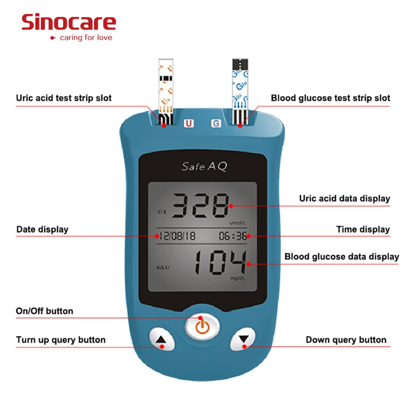 Sinocare Safe AQ UG mg/dL medidor de glucosa en sangre y ácido úrico y tiras de glucosa/úrico para diabéticos, medidor de glucosa para gota, paquete múltiple