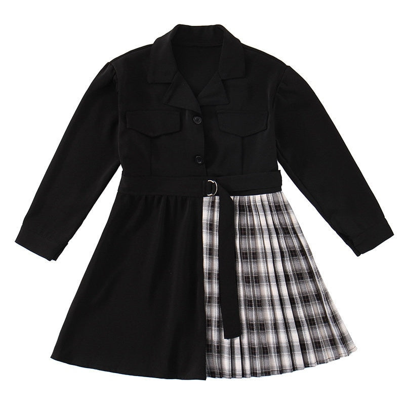 Kids Blazer Dress 2022 Girl Formal Black Blazer Dress Suit Jacket Female Fashion Children's Stitching Plaid Blazer Party Costume