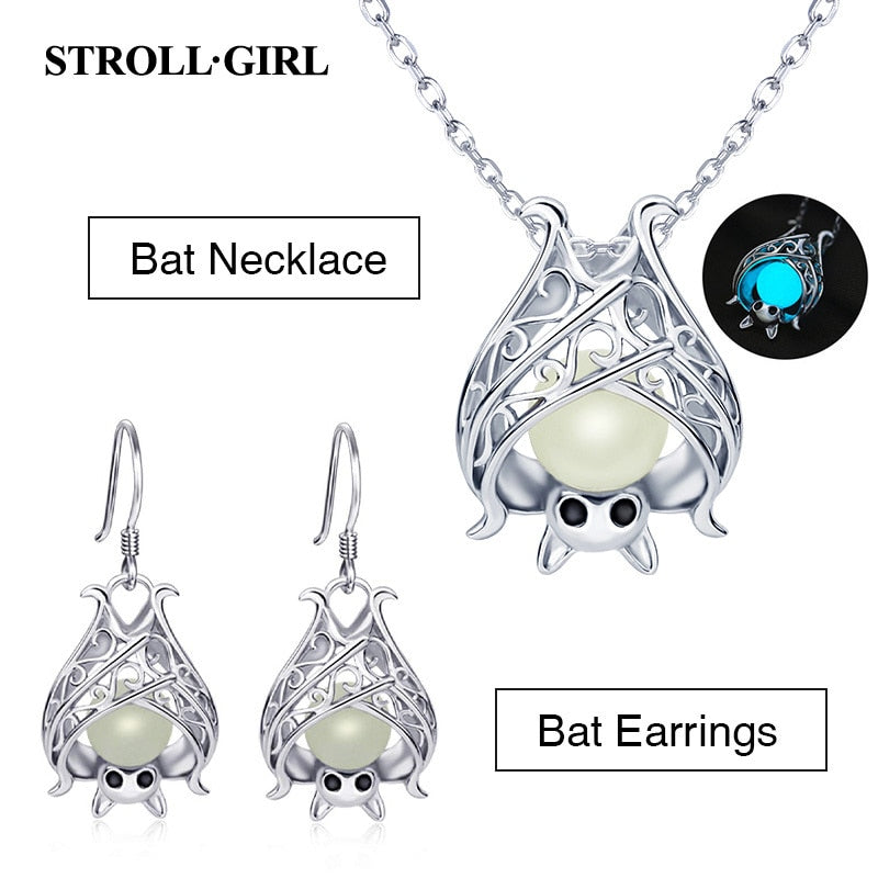 Accesorios de plata de ley 925, collares de murciélagos brillantes, cadenas colgantes de animales luminosos para mujeres, regalo de joyería fina de Halloween 2022