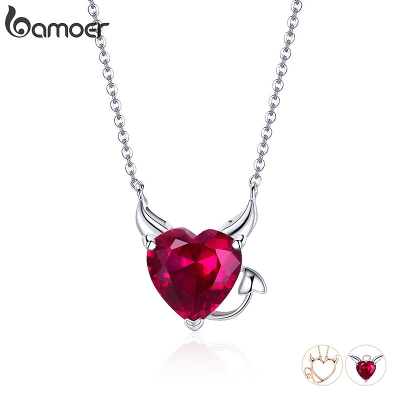 Bamoer New Collection 100% 925 Sterling Silver Red Zircon Little Devil Necklace Pendant For Women Fashion Silver Jewelry SCN286