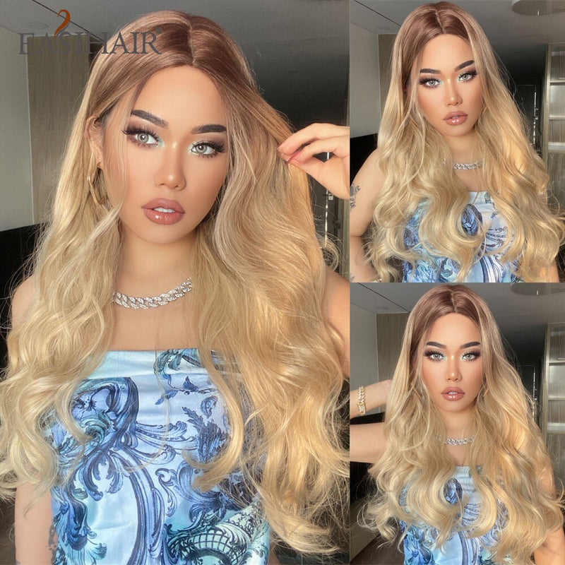 EASIHAIR Long Body Wave Light Brown Wigs with Blonde Highlights Middle Part Cosplay Heat Resistant Synthetic Hair Wigs for Women