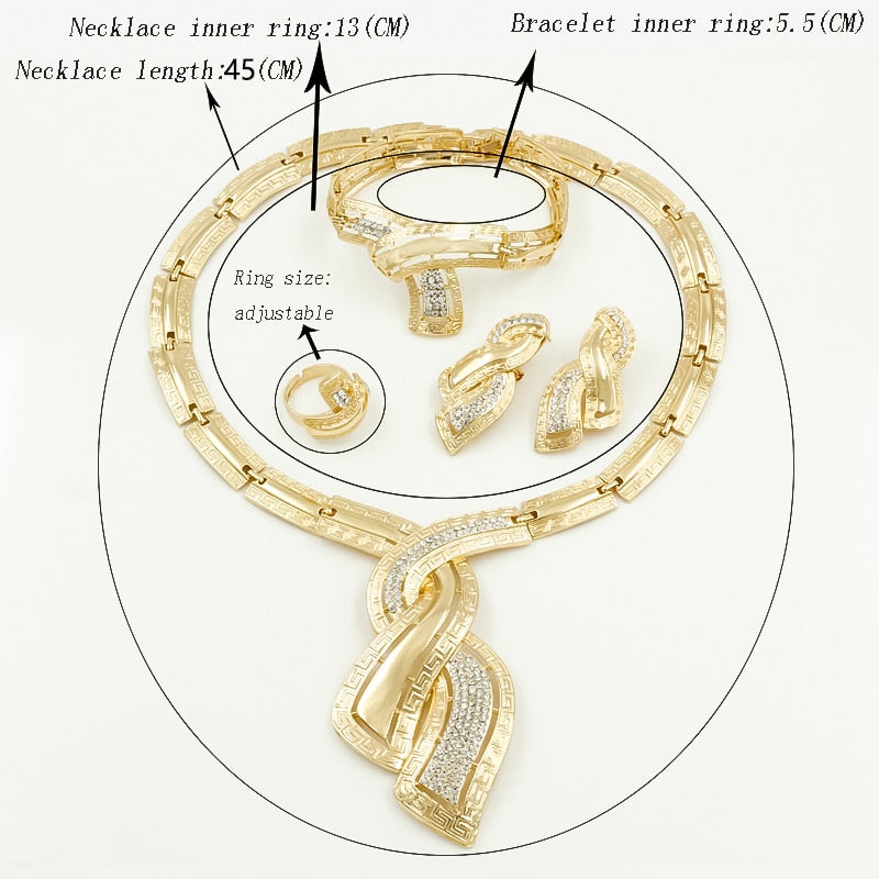 Fashion African Dubai Gold Jewelry Nigerian Crystal Necklace Hoop Earrings Women Italian Bridal Jewelry Sets Wedding Accessories