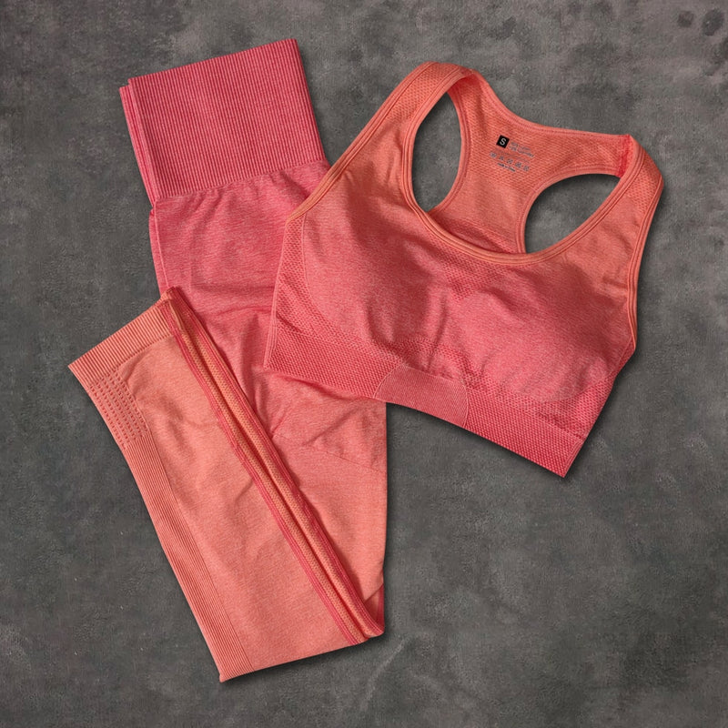 Conjunto deportivo para mujer Gimnasio Conjunto de yoga Ropa de fitness Ombre Leggings deportivos sin costuras + Sujetador deportivo 2 piezas Ropa deportiva para correr