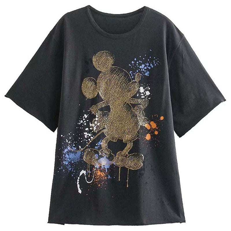 Camiseta con estampado de dibujos animados de grafiti de tinta de Mickey Mouse Chic de Disney para mujer, camiseta informal de manga corta con cuello redondo para mujer, ropa de calle