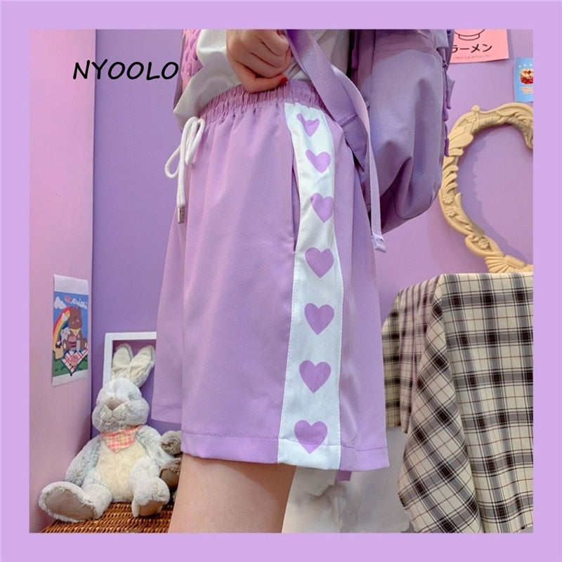 NYOOLO Harajuku style Love heart print patchwork high waist shorts women 2020 summer elastic waist Drawstring sweet girls shorts