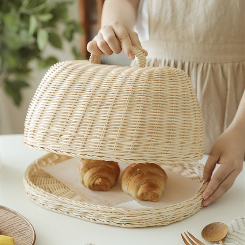 Cesta de mimbre Cesta de pan Cestas de almacenamiento de mimbre blanco Cubierta a prueba de polvo de frutas Organizador de despensa Almacenamiento de cocina