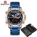 NAVIFORCE Luxury Original Men Sports Wrist Watch Gold Quartz Steel Waterproof Dual Display Clock Watches Relogio Masculino 9163