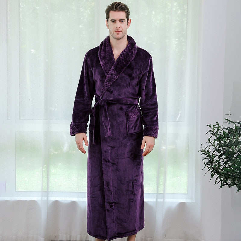 Women Men Winter Plus Size Flannel Robe Extra Long Hooded Warm Bathrobe Lovers Thick Kimono Bath Robe Male Dressing Gown Robes