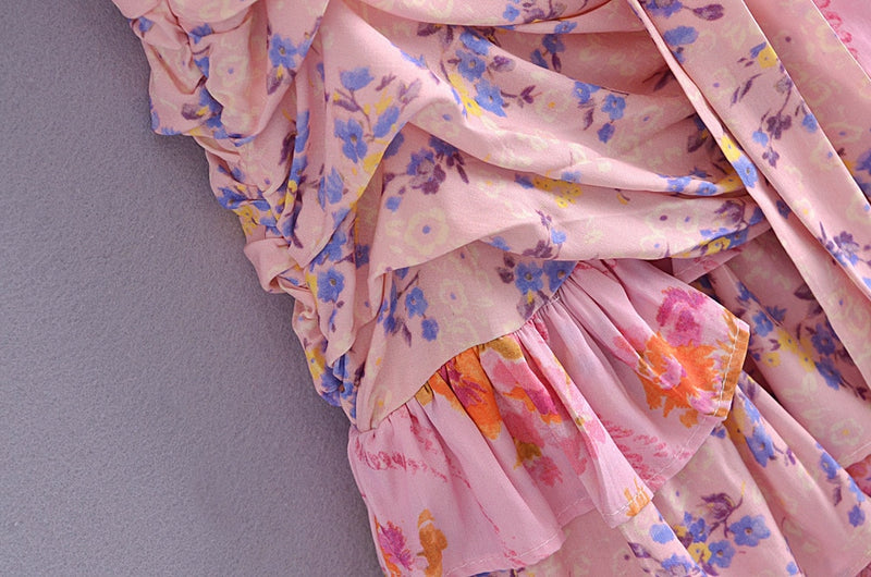 2021 CHIC Patchwork estampado Floral manga farol Vestido Vintage fruncido plisado cintura volantes dobladillo mujeres vestidos de vacaciones Vestido
