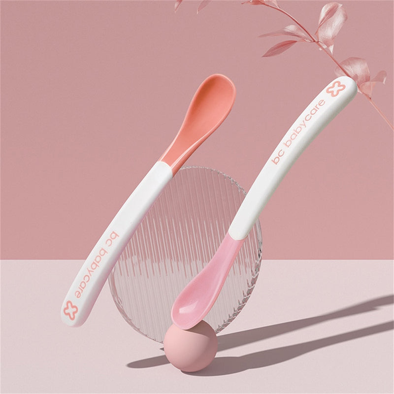 BC Babycare 2pcs Soft Baby Temperature Sensing Spoon BPA Free Food Infant Feeding Tools Flatware Sterilizable TPE Square Spoons