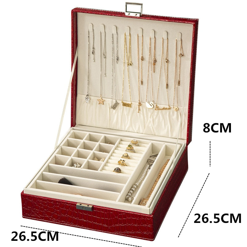WE Oversize Premium 2 Layers Leder Schmuck Organizer Box Halsketten Ohrringe Ringe Große Aufbewahrung Make-up Koffer mit Schloss für Frauen