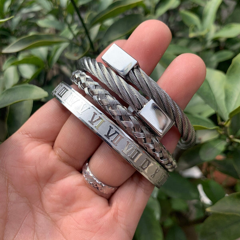 3pcs/Set Royal Roman Number bracelets &amp; bangles Stainless Steel Braid Rectangle Bangle Luxury Men Bracelet for Men Jewelry
