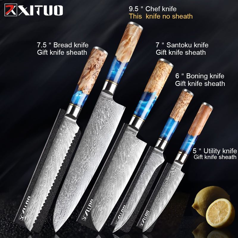 Juego de cuchillos de cocina XITUO, cuchillo de Chef de acero de Damasco, cuchillo de carnicero para pelar, cuchillo de pan, herramienta de cocina, mango de resina azul, 1-6 unids/set