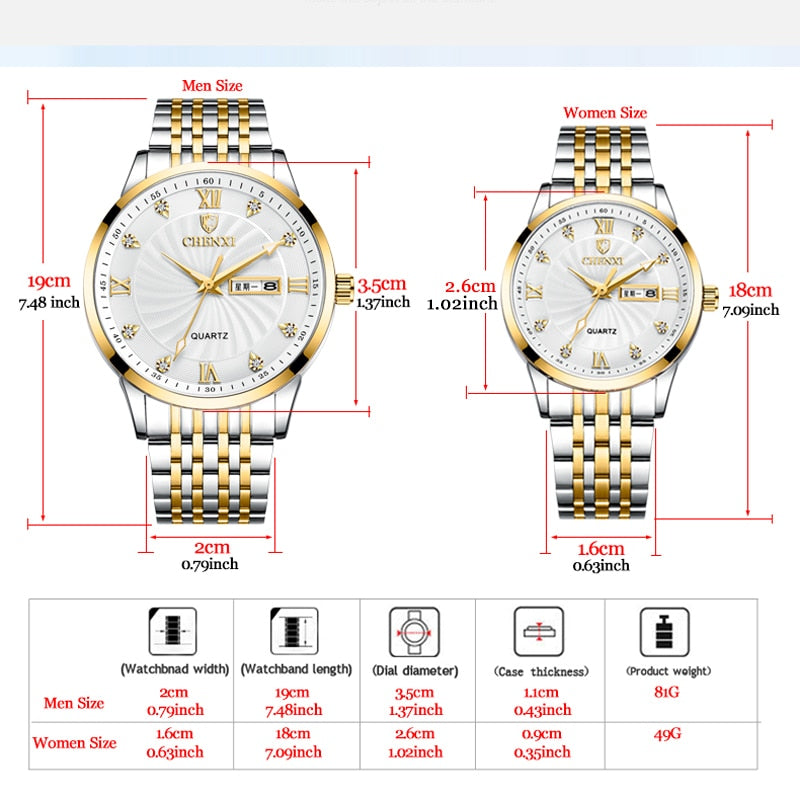 CHENXI, nuevos relojes para parejas, relojes de marca de lujo para mujeres o hombres, relojes de cuarzo con fecha y semana, relojes de pulsera para mujer, impermeables, Montre Femme