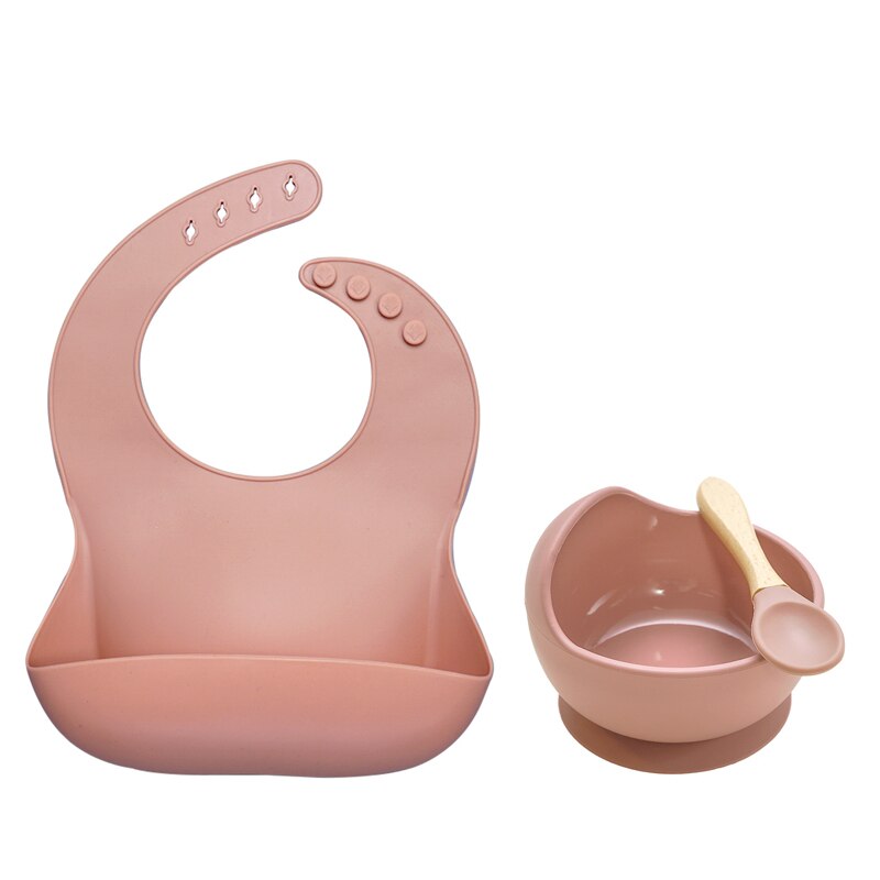 Vajilla de silicona para bebé sin BPA, babero impermeable, toalla Flexible para Saliva, cuenco y cuchara con ventosa de Color sólido para niños