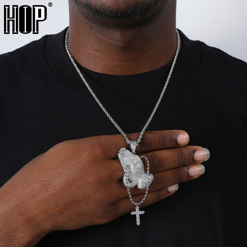 Hip Hop Bling Cubic Zirconia Iced Out Praying Hands Cross Necklaces &amp; Pendants For Men Jewelry With Tennis Chain