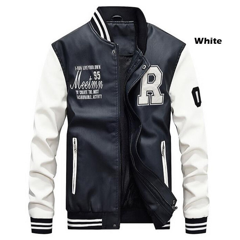 Chaqueta Bomber de cuero para hombre, chaquetas de béisbol, abrigo de piel sintética para motorista, chaqueta de lana para piloto universitario, parte superior de cuero para universidad, motocicleta ajustada negra