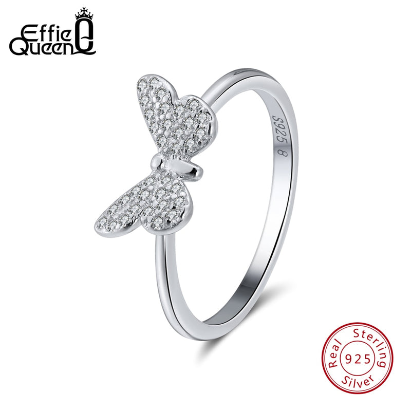 Effie Queen, anillos de plata de ley 925 auténtica para mujer, forma de mariposa con circonita AAA, anillo de plata/oro, joyería femenina BR59