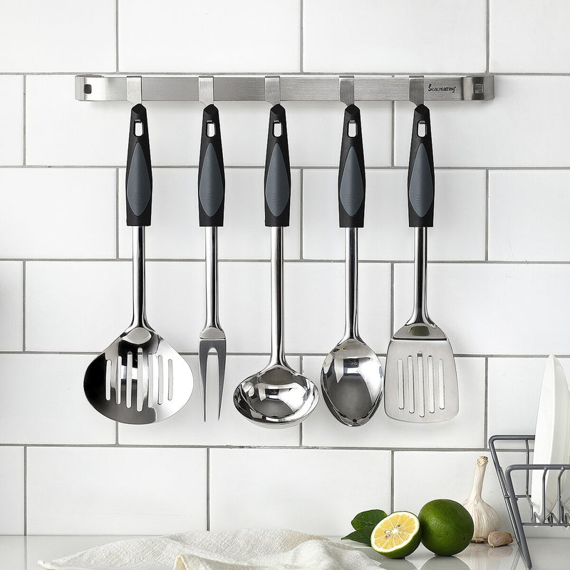 Seacreating 46CM Home Storage Kitchen Rail with 5 Hooks Wall Mounted Wrought Stainless Steel Hanging Utensil Holder Rack