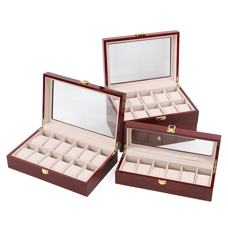 Nueva caja de madera para guardar relojes, caja de colección de relojes rojos con cerradura dorada, organizador de joyas para mujeres