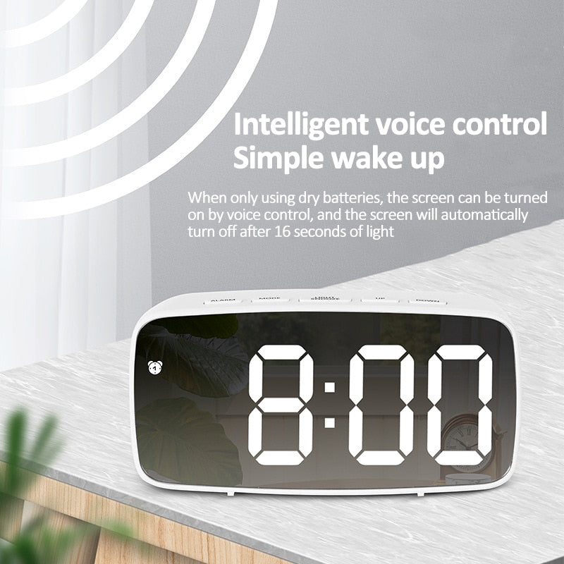 LED Mirror Screen Alarm Clock Creative Digital Clock Voice Control Snooze Time Date Temperature Display Rectangle/Round Style