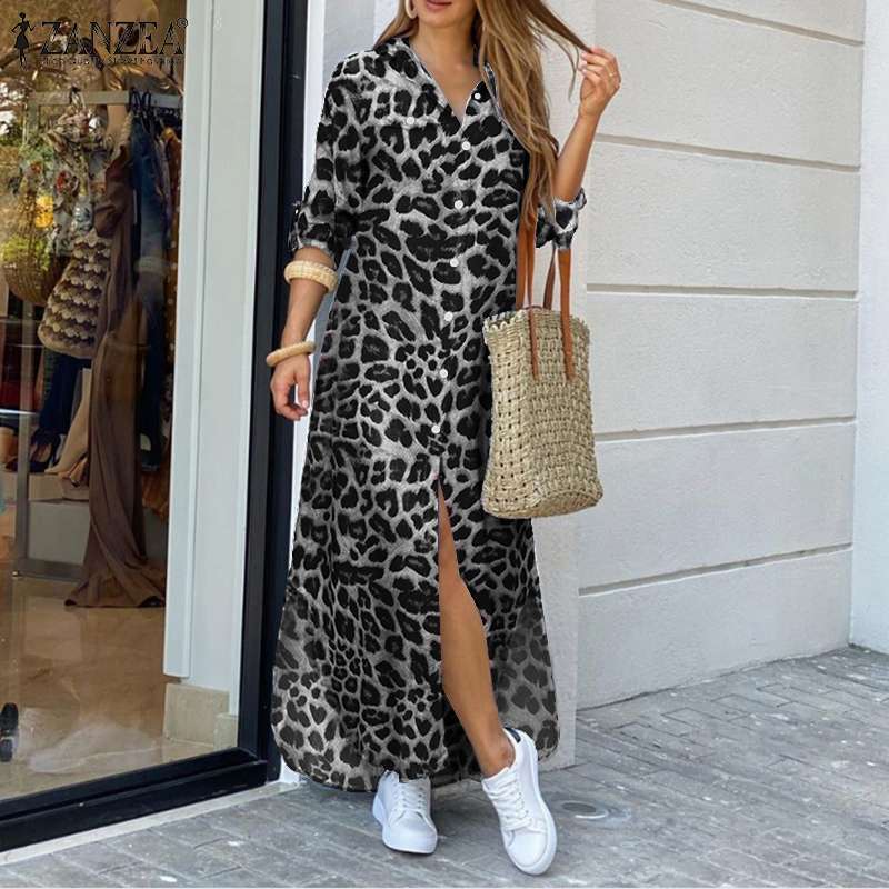 ZANZEA Party Holiday Longue Robe Mujer Otoño Moda Camisa Vestido Casual Vintage Leopardo Vestidos Mujer Solapa Vestidos Largos