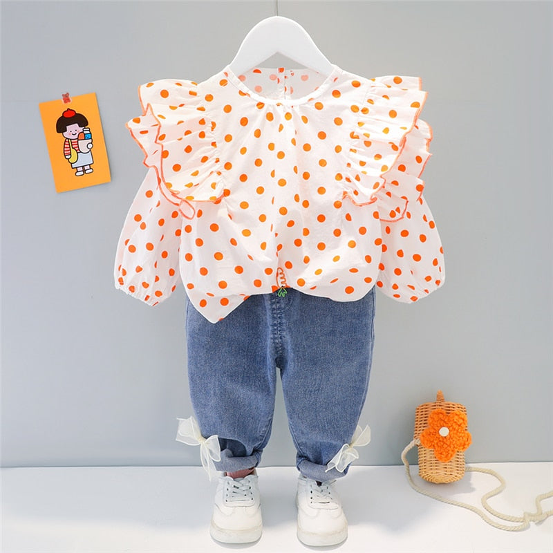 Spring Autumn Baby Girls Clothing Sets Kids Princess Clothes Lace Polka Dot Tops Bow-knot Jeans Toddler Infant Child Costume