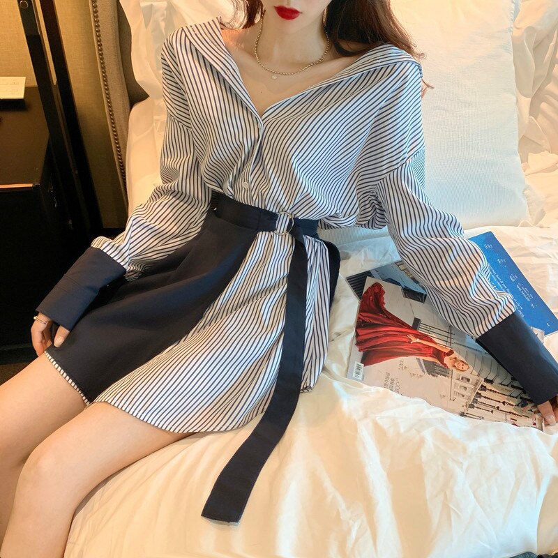 2020 Autumn Women Two Pieces Sets Stripe Long Sleeve Blouse Dress + Lace Up Mini Skirt Korean Fashion 2PCS Suit Womens Clothing