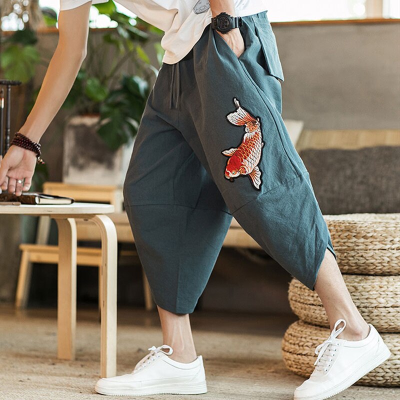 Summer Men Carp Kimonos Japanese Style Harajuku Yukata Beam Feet Harem Pants Youth Casual Pants Asian Japan Print Male Costume