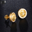 Hip HOP 1Pair Zircon Micro Paved Lion Iced Out Rhinestone CZ Stone Round Bling Stud Earring Copper Earrings For Men Jewelry