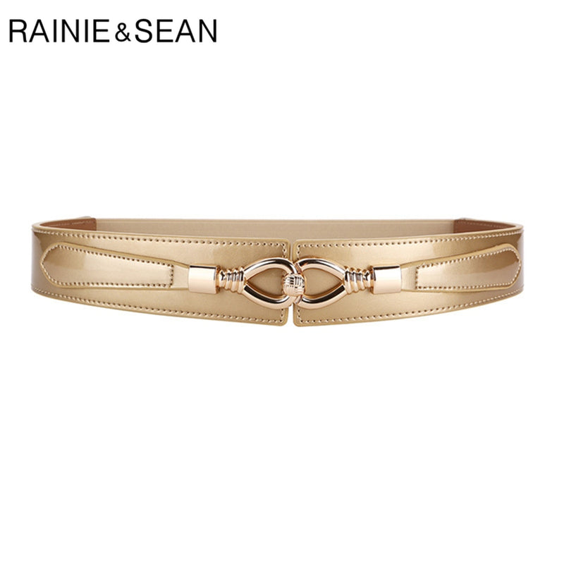 RAINIE SEAN Women Belt Patent Leather Elastic Waist Belt Genuine Leather Gold Black Silver Ladies Stretch Belt Accessories