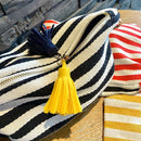 Bolsa de cosméticos para mujer, estuche organizador de maquillaje a rayas, neceser de cosméticos con borla coreana, neceser de viaje, estuche de belleza de lona